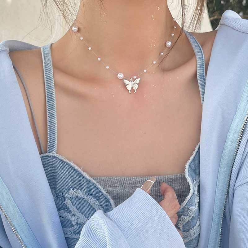 Y2k Butterfly Heart Cross Pendant Kalung Mutiara Manis Kristal Zirkon Emas Perak Rantai Choker Untuk Wanita Perhiasan Aksesoris