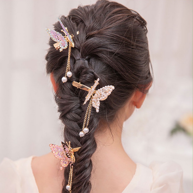 Klip Rambut Hias Kupu Bergerak Jepit Rambut Logam hair clip Sayap Ayun top clip lovely Aksesoris Rambut Wanita A Mutiara Rumbai butterfly hair clip