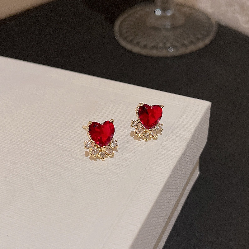 925jarum Perak Sederhana Indah Zirkon Merah Anting Jantung Mewah Peach Jantung Telinga Studs