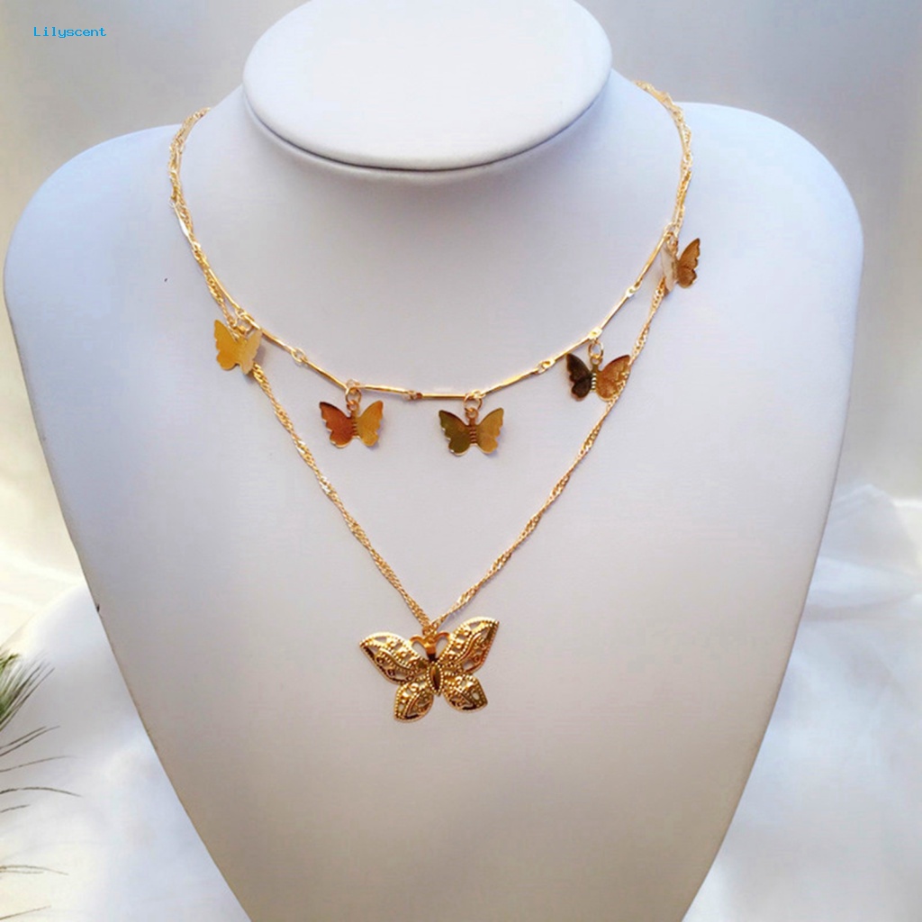 Lilyscent Wanita 2-Layer Butterfly Pendant Choker Rantai Klavikula Kalung Perhiasan Hadiah