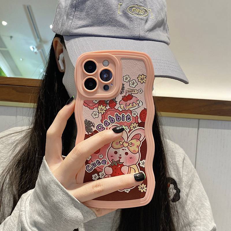 Cute Oil Painting Moon Bunny Soft Case iP iPhone 7 8 Plus SE 2020 X XR XS Max 11 12 13 14 Pro Max FTD Pink Wave Casing Apple