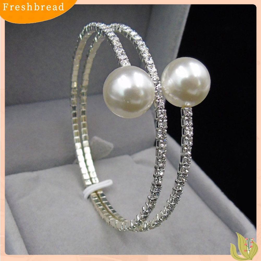 &lt; Freshbread &gt; Wanita Penuh Berlian Imitasi Multi-layer Gelang Pergelangan Tangan Mutiara Imitasi Cuff Open Bangle