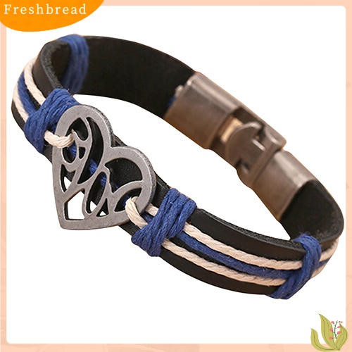 &lt; Freshbread &gt; Pasangan Kekasih Berongga Cinta Hati Rajutan Kulit Bangle Alloy Cuff Buckle Bracelet