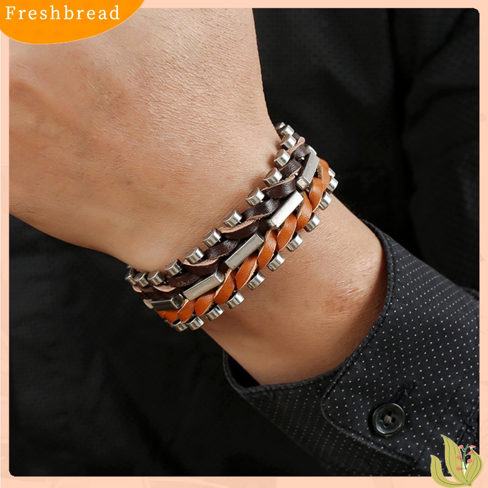 &lt; Freshbread &gt; Punk Pria Adjustable Faux Kulit Tali Dikepang Gelang Bangle Pesta Perhiasan Hadiah