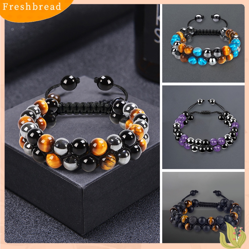 &lt; Freshbread &gt; Gelang Pria Dikepang Tali ic Double Layer Adjustable Serut Kepribadian Hias Tiger Eye Faux Rock Stone Pria Gelang Perhiasan Aksesori