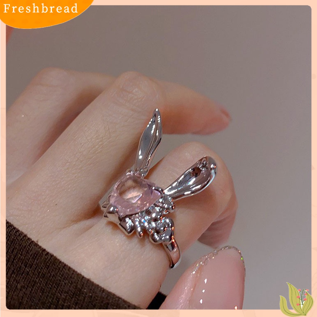 &lt; Freshbread &gt; Cincin Jari Adjustable Indah Berlian Imitasi Merah Muda Hati Indah Telinga Kelinci Wanita Jari Cincin Hadiah Hari Valentine