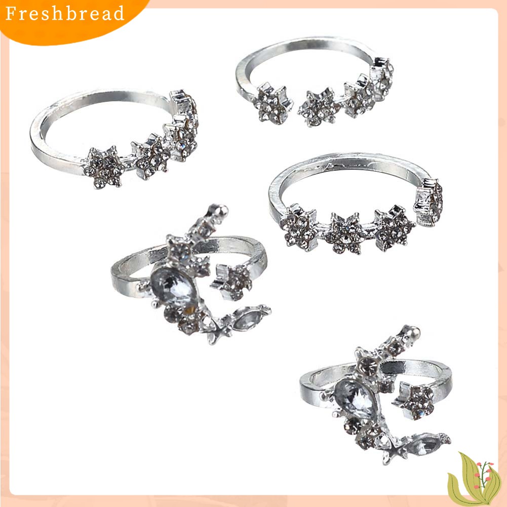 &lt; Freshbread &gt; 5Pcs/Set Fashion Wanita Berlian Imitasi Hias Bulan Bintang Bunga Susun Midi Cincin