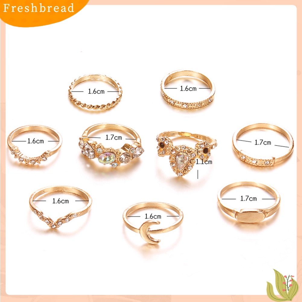 &lt; Freshbread &gt; 9Pcs/Set Bohemian Wanita Mahkota Bulan Berlian Imitasi Knuckle Midi Finger Ring Jewelry