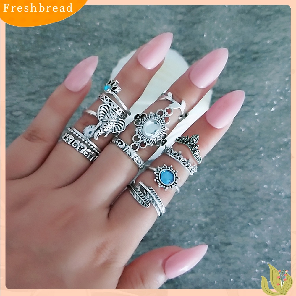 &lt; Freshbread &gt; 12 Pcs Wanita Vintage Boho Faux Gemstone Rhinestone Jewelry Buku Jari Susun Rings