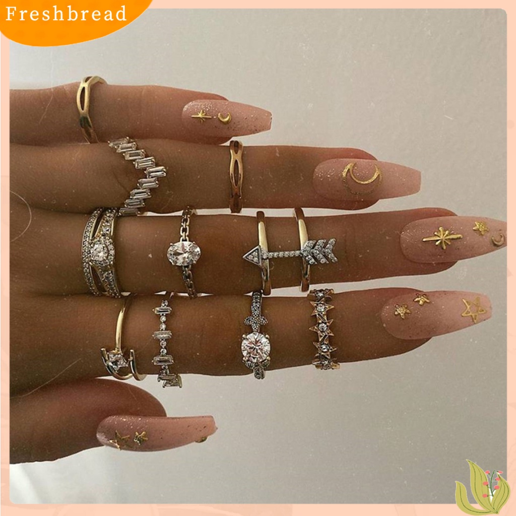 &lt; Freshbread &gt; 10 Pcs Berongga Bintang Bohemia Kreatif Cincin Bunga Geometri Berlian Imitasi Rings Perhiasan Aksesori