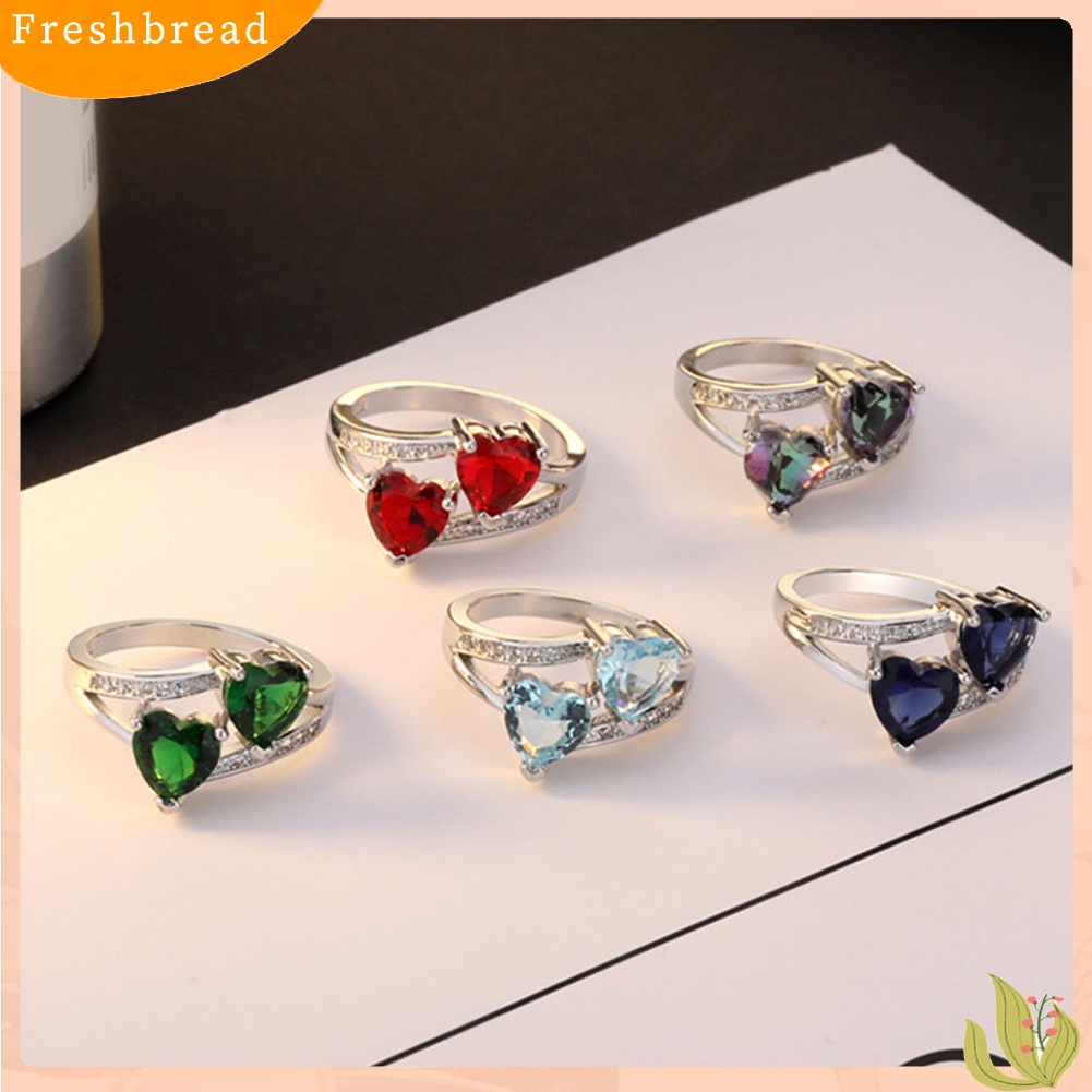 &lt; Freshbread &gt; Wanita Fashion Ganda Bentuk Hati Cubic Zirconia Hias Jari Cincin Perhiasan Hadiah