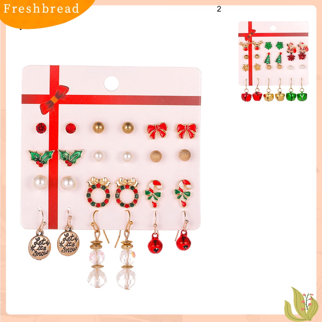 &lt; Freshbread &gt; 12pasang Anting Natal Warna-Warni Indah Bell Elk Stud Earrings Untuk Tahun Baru