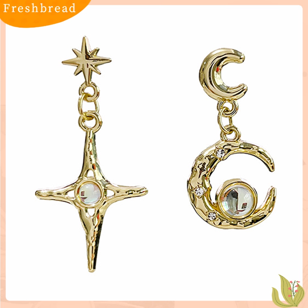 &lt; Freshbread &gt; 1pasang Anting Menjuntai Asimetris Moonstone Glitter Hiasan Telinga Temperamen Berkilau Bulan Bintang Hias Berlian Imitasi Retro Stud Earrings Untuk Pacaran