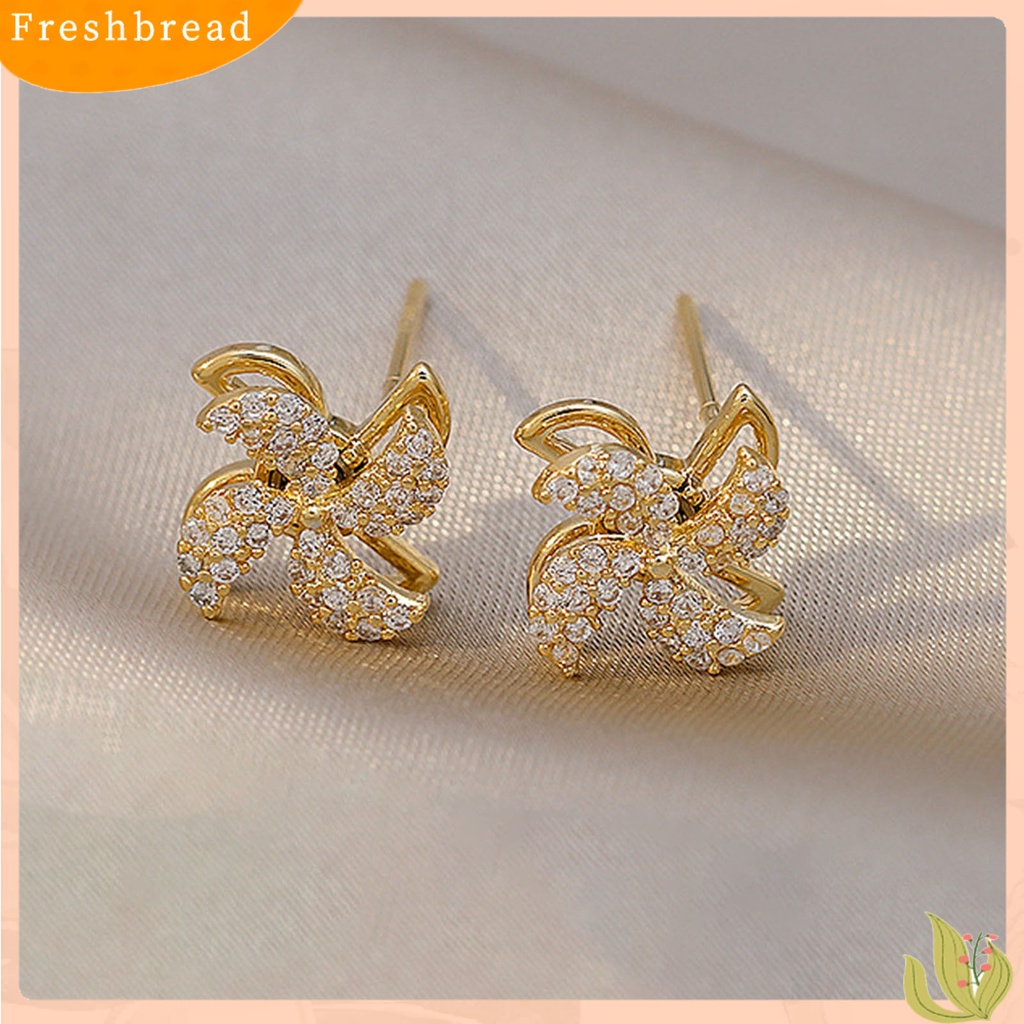 &lt; Freshbread &gt; Ear Studs Rotating Windmill Shape Rhinestone Gaya Korea Shiny All Match Stud Earrings Aksesoris Perhiasan