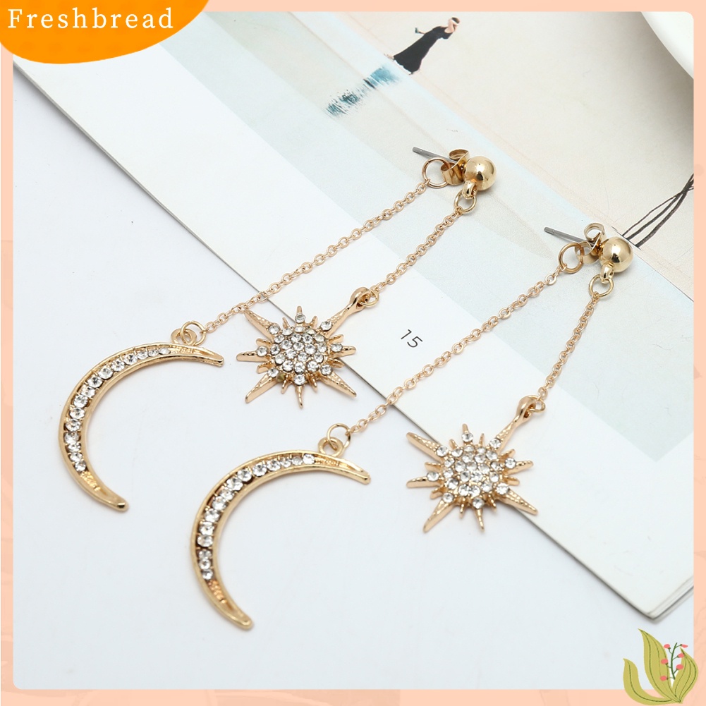 &lt; Freshbread &gt; Fashion Berlian Imitasi Bintang Bulan Sabit Menjuntai Panjang Drop Anting-Anting Wanita Perhiasan