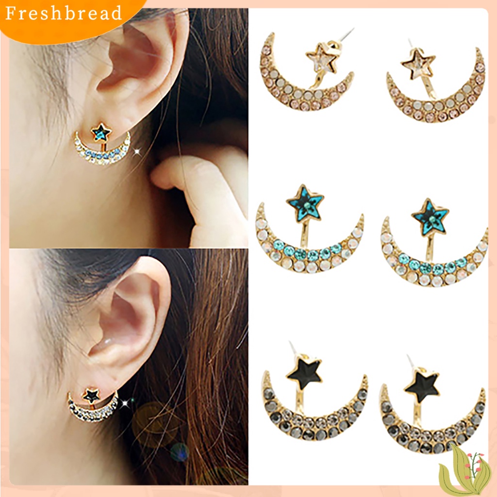 &lt; Freshbread &gt; 1pasang Anting Bentuk Bulan Bintang Desain Berlian Imitasi Bahan Alloy Wanita Fashion Ear Studs Untuk Hadiah