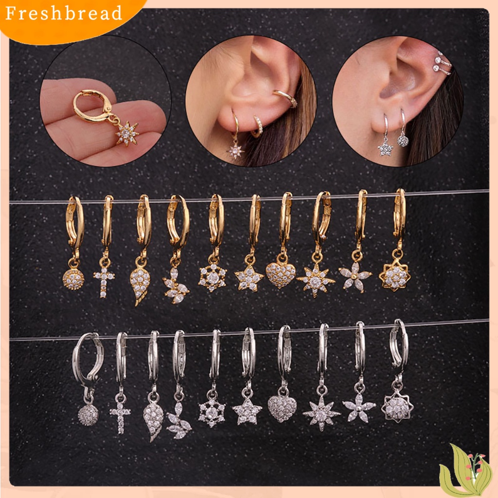 &lt; Freshbread &gt; 1Pc Wanita Cubic Zirconia Hias Salib Hati Bunga Menjuntai Huggie Anting Perhiasan