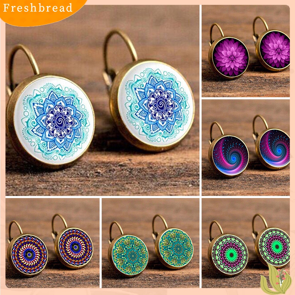 &lt; Freshbread &gt; Vintage Bunga Lotus Mandala Kaca Cabochon Leverback Anting Wanita Perhiasan