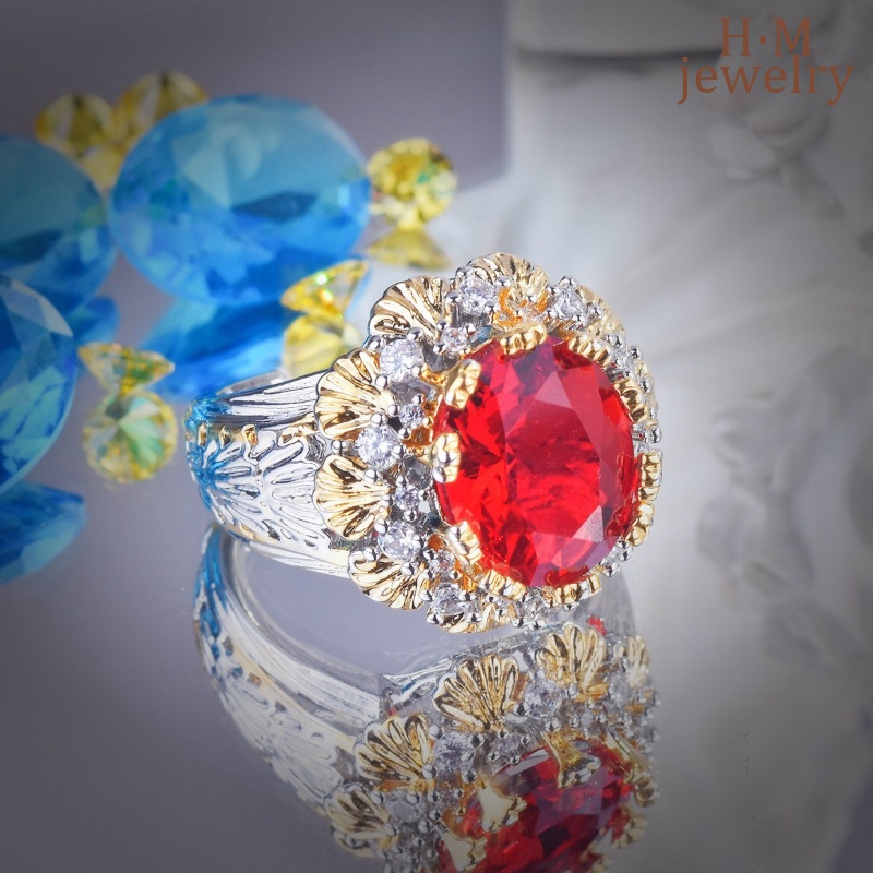 S925 Perak Vintage Brushed Bertekstur Ukir Emas Ruby Cincin Gaya Antik Two-Tone Gold Crowns Ornament
