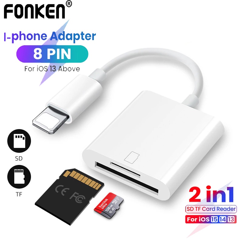 Fonken Adaptor Pembaca Kartu Memori SD TF 3in1 Untuk I-Phone 14 13 12 8Pin Ke SD TF Card Reader Konverter Data Untuk Ios13 Di Atas Kamera SD Card Reader