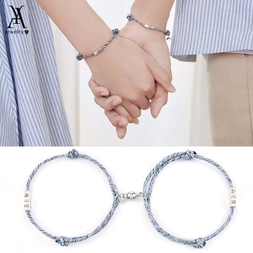 AY(CN) 2Pcs Fashion Magnetic Couple Bracelet Creative Adjustable Rope Bracelet Letters Charm Jewelry Accessories Lover Gift