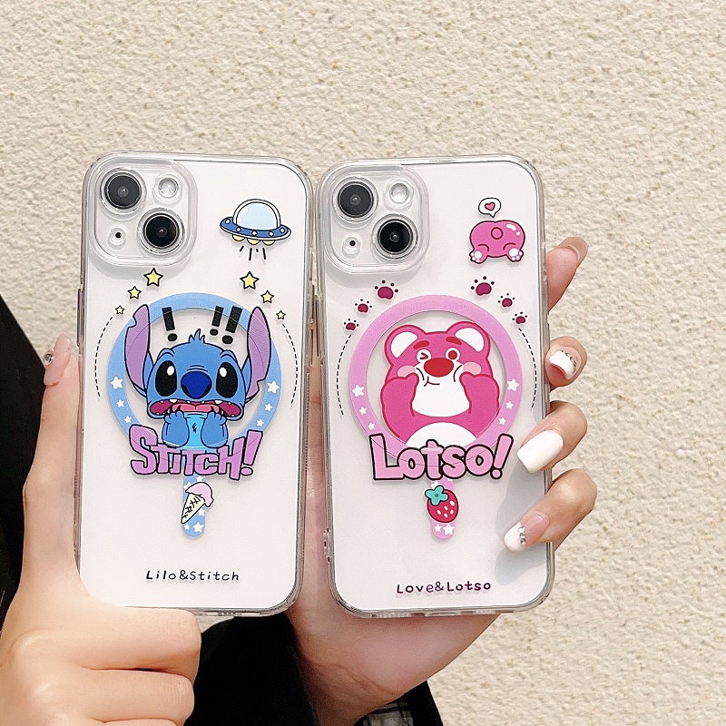 IPHONE Untuk Iphone14 13 12 11 Pro Max Magnetik Transparan Kartun Stitch Lucu Strawberry Bear Telepon Soft case