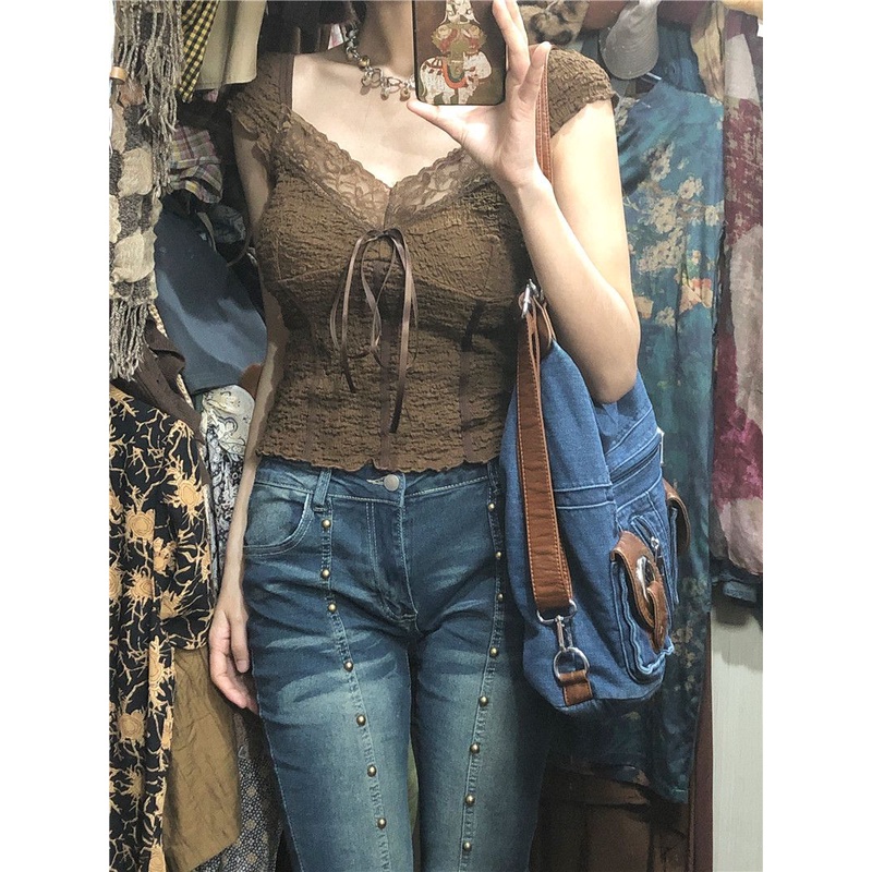 Red Retro coklat renda jahitan ikatan simpul lengan pendek T-shirt wanita musim panas baru niche slim slim top pendek