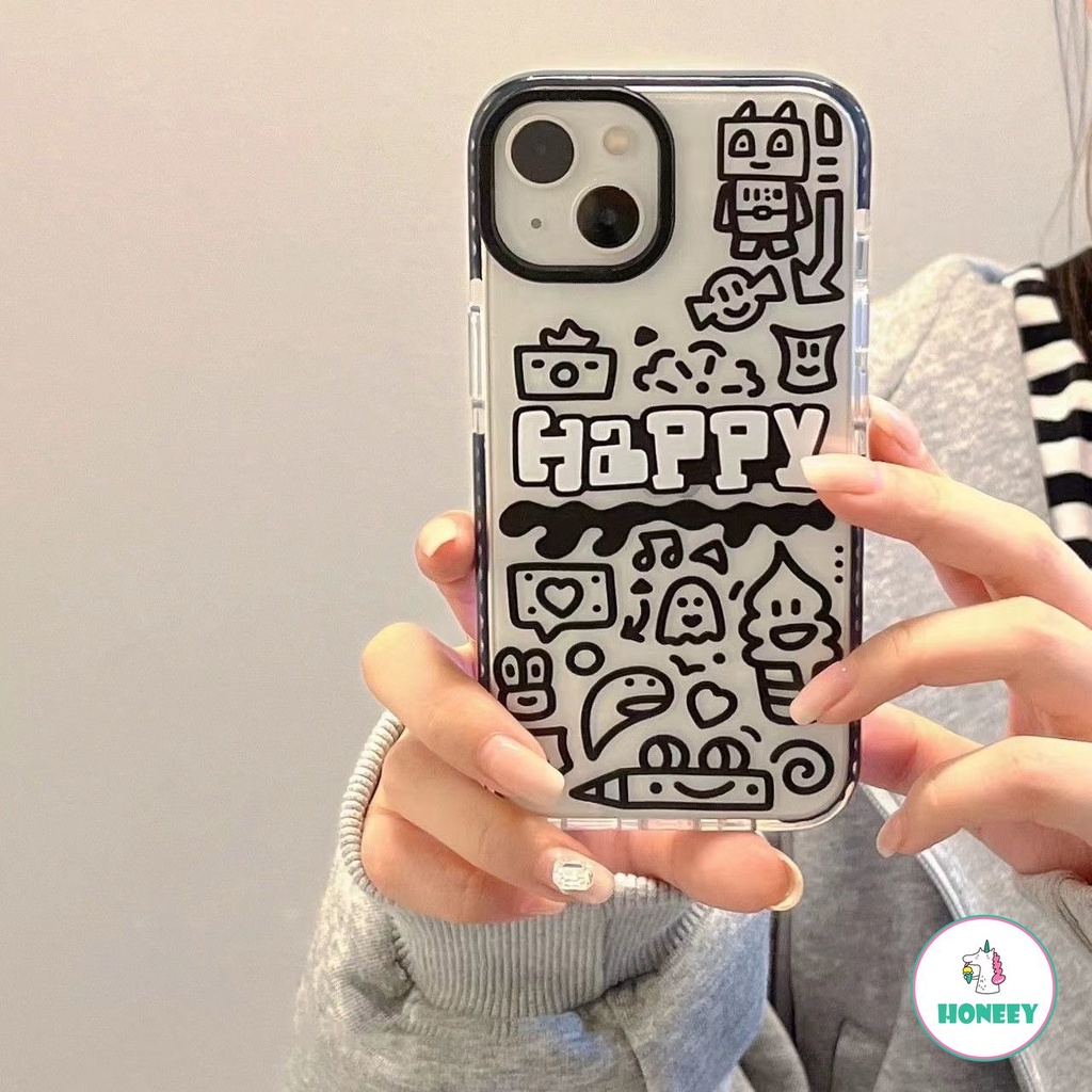 IPHONE Penanda Fashion Graffiti Luminous Case Apple 14kartun Kompatibel Untuk Iphone11 12 13 14 Pro Max Hitam Inggris Lembut Shockproof Back Cover