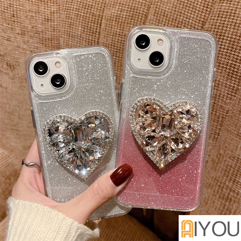 IPHONE Glitter Berlian Love Pink Stand Panas Transparan Casing Ponsel Untuk Iphone14 Pro13 12 11 Pro Max XS X XR 78 Plus Kristal Shiny Back Cover