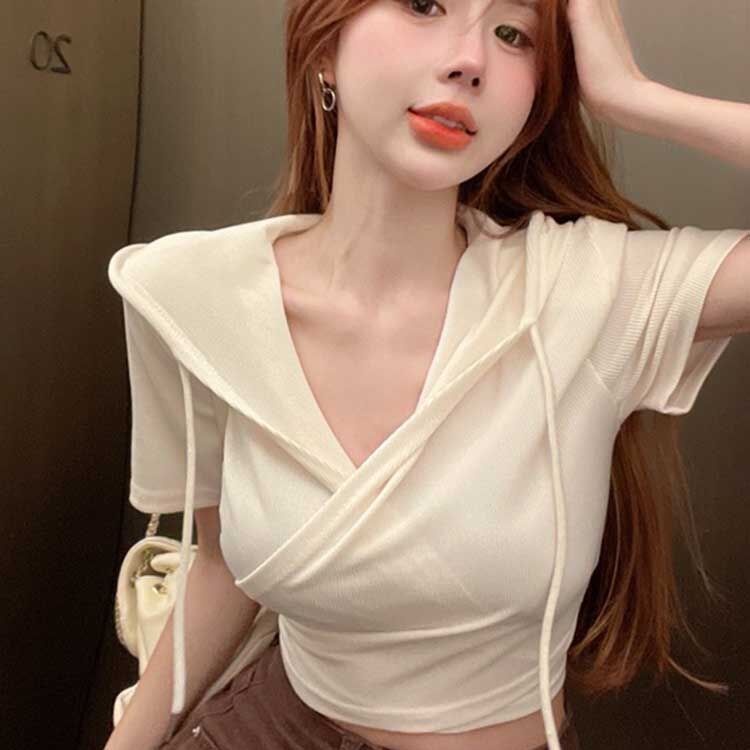 [ COD✅ ] Aroana Big chest sexy hot girl cross v-neck hooded t-shirt wanita lengan pendek rasa desain