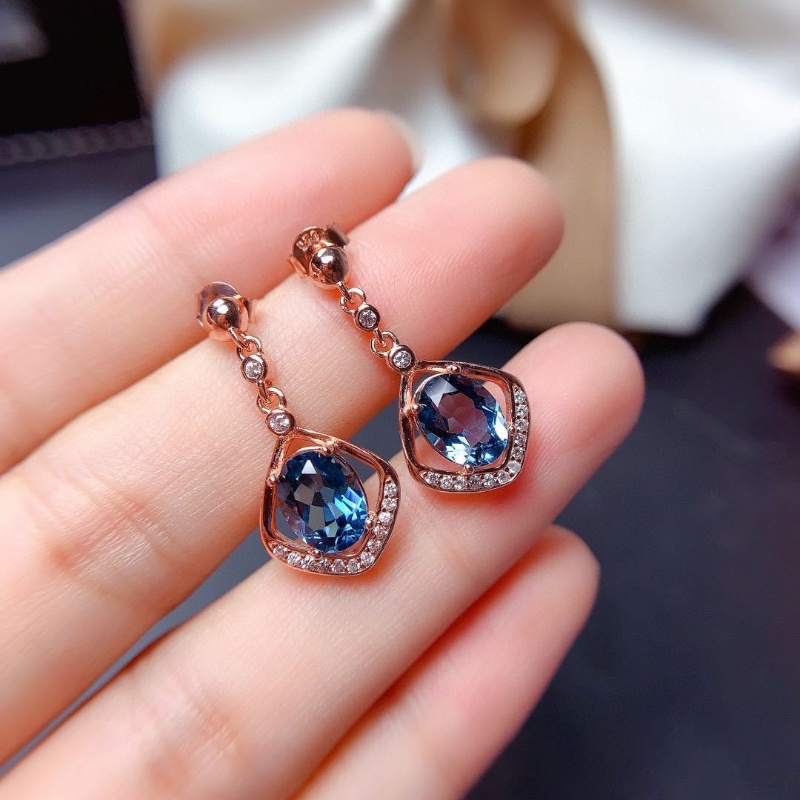 Goldkingdom Fashion Perhiasan Aksesoris Ready Stock Alami London Blue Topaz Batu Anting Wanita Rose Gold Plated Earrings Anting