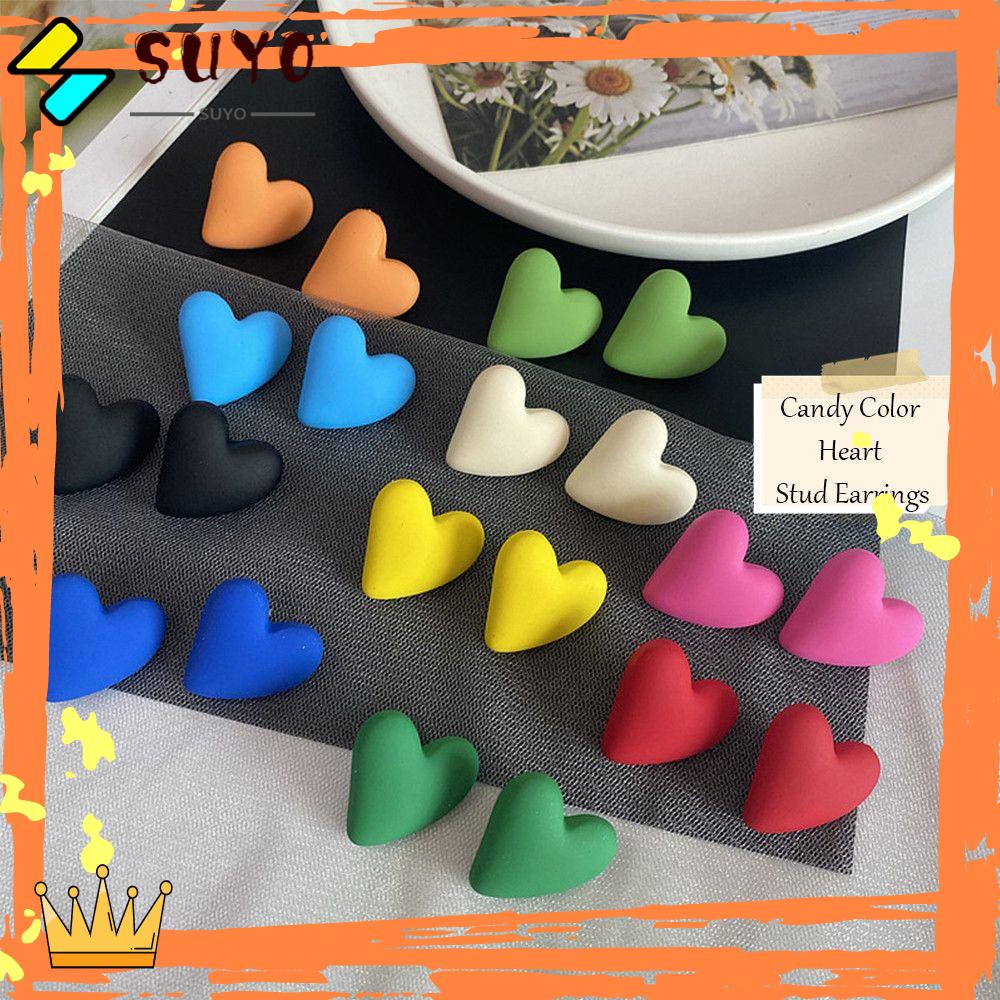 Suyo Permen Warna All-match Desain Sederhana Geometris Jantung Telinga Studs