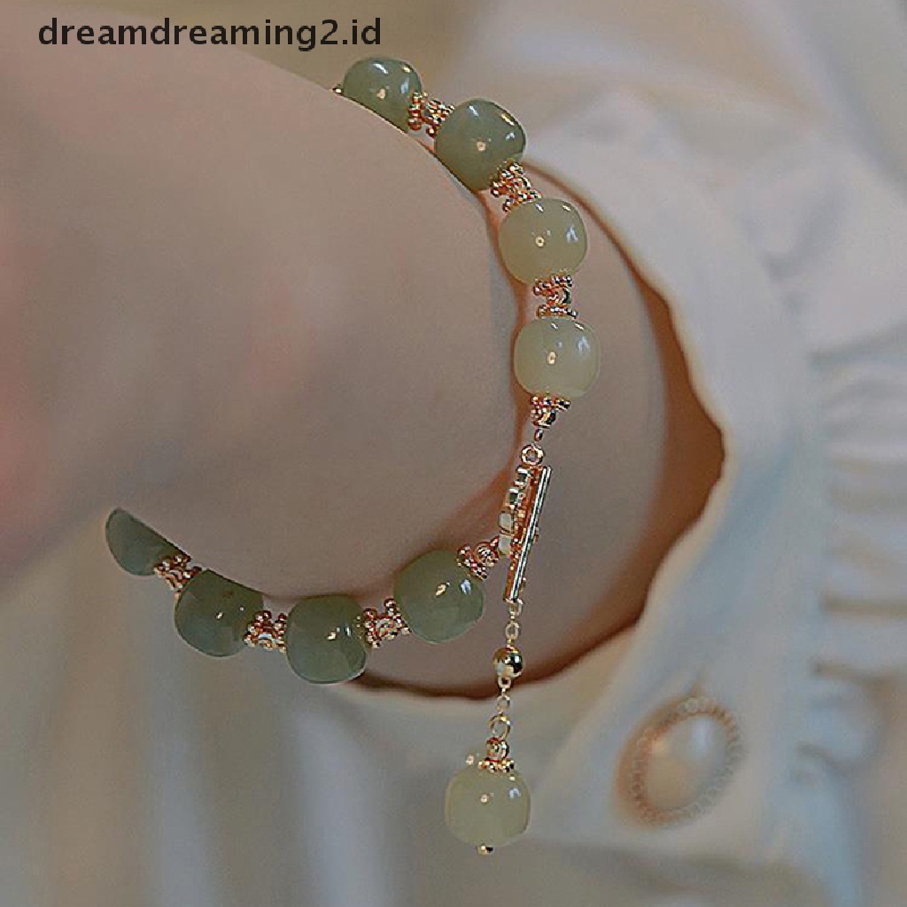 (hot) Vintage Cahaya Imitasi Hetian Jade Beaded Charm Gelang Pesta Santai Mutiara Zirkon Perhiasan Fashion Untuk Wanita Hadiah//