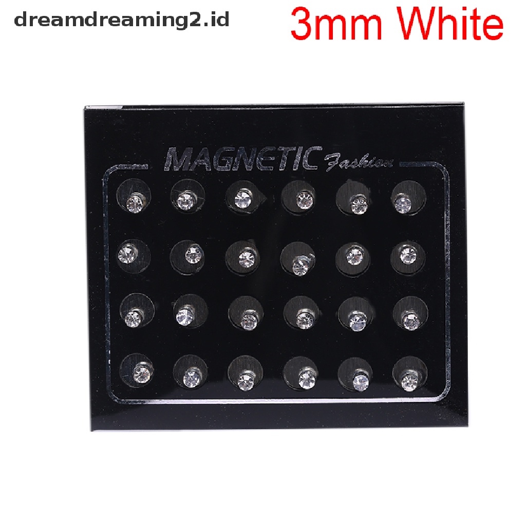 (hot) 24pcs/set Perhiasan Anting Stud Berlian Imitasi Bulat Magnetik Non Klip//