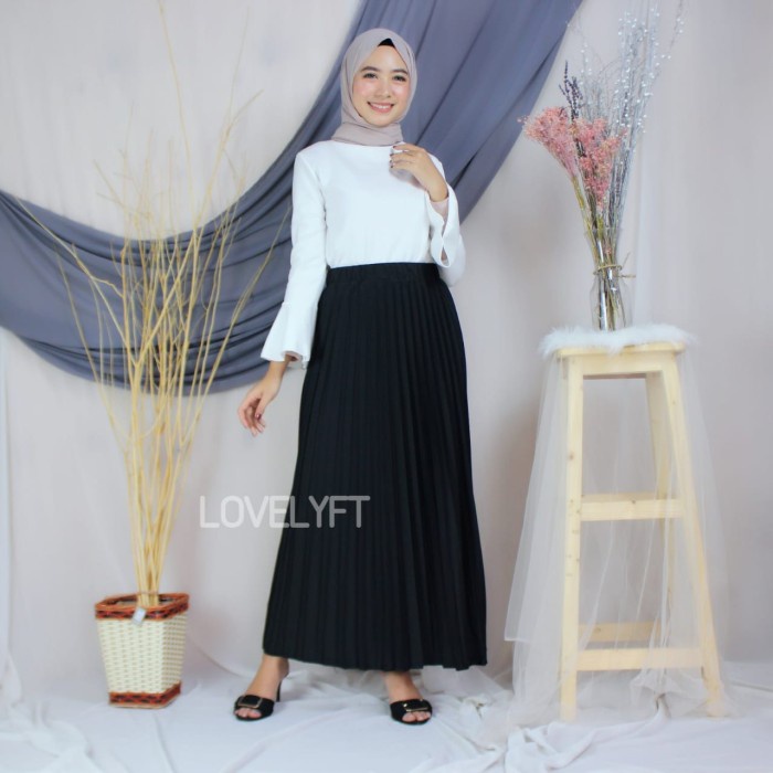 Rok Plisket JUMBO SIZE Premium Quality /Rok Rempel Panjang / Rok hijab - Hitam