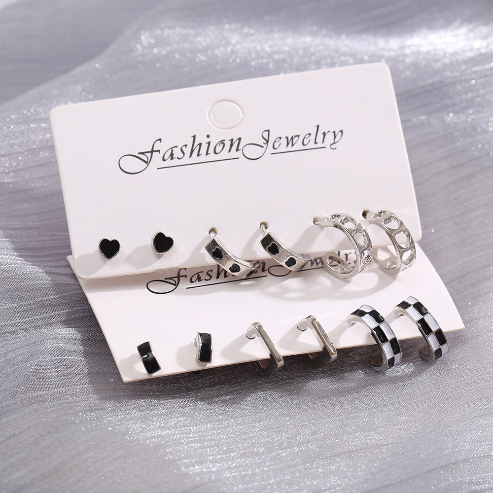 6pasang/set Anting Set Bentuk Kotak Hati Hitam Dan Putih Anting Hoop Silver Untuk Aksesoris Perhiasan Wanita