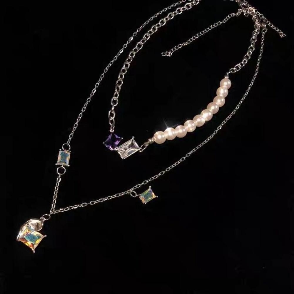 Needway Wanita Kalung Trendi Pesta Mutiara Warna-Warni Kristal Mengkilap Gaya Korea Necklace