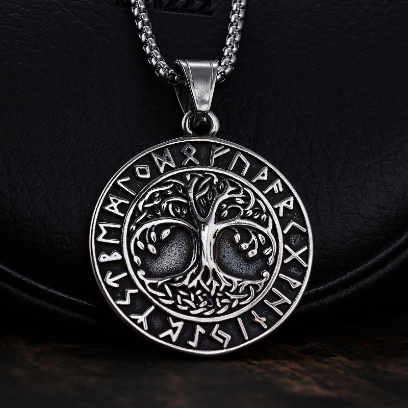 [X C Kalung] Baru Silvery Vintage Viking Rune Life Tree Pendant Punk Hip Hop Stainless Steel Kalung Hadiah Pesta Ulang Tahun Untuk Pria Dan Wanita