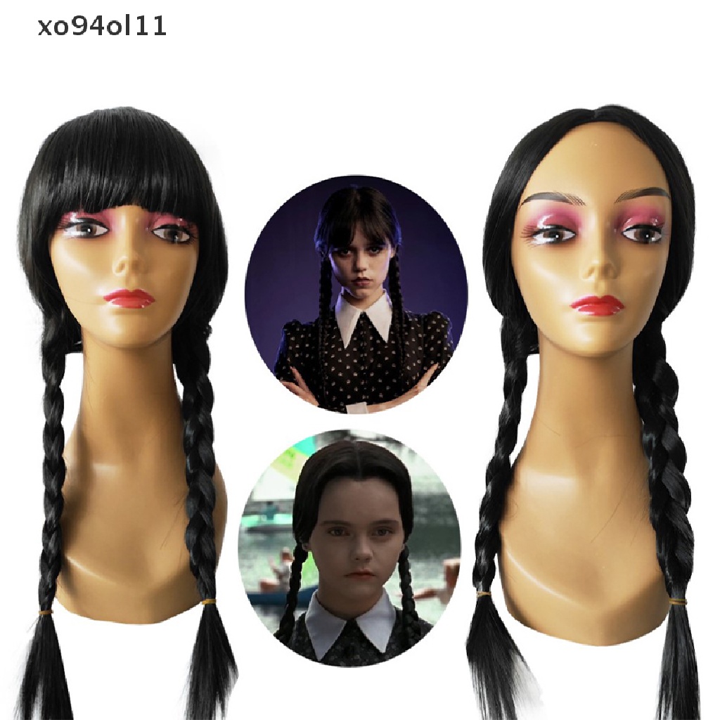 Xo Film Rabu Addams Cosplay Wanita Rambut Panjang Wig Dengan Poni Tahan Suhu Tinggi Sintesis Dikepang Wig Halloween Aksesori OL