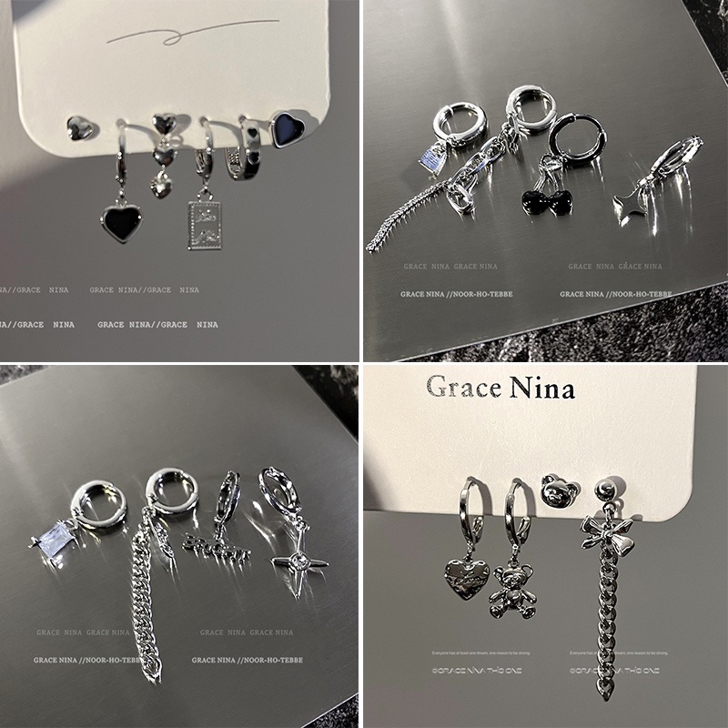 Set Anting Stud Kupu-Kupu Hati Beruang Pribadi Busur Bunga Silver Anting Rumbai Untuk Aksesoris Perhiasan Wanita