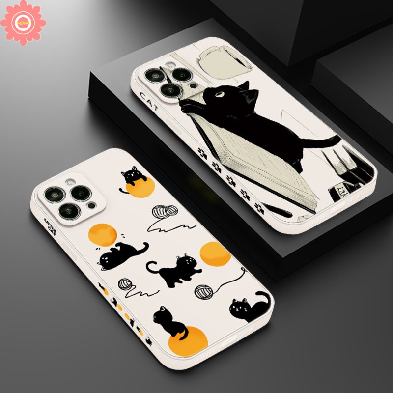 IPHONE Casing Ponsel Kompatibel Untuk Iphone11 13 12 14 11 Pro Max 7Plus XR 6 7 8 6S Plus X XS Max SE 2020 Kartun Kucing Lucu Tali Bermain Tepi Lurus Pola Samping Lucu Tpu Soft Cover