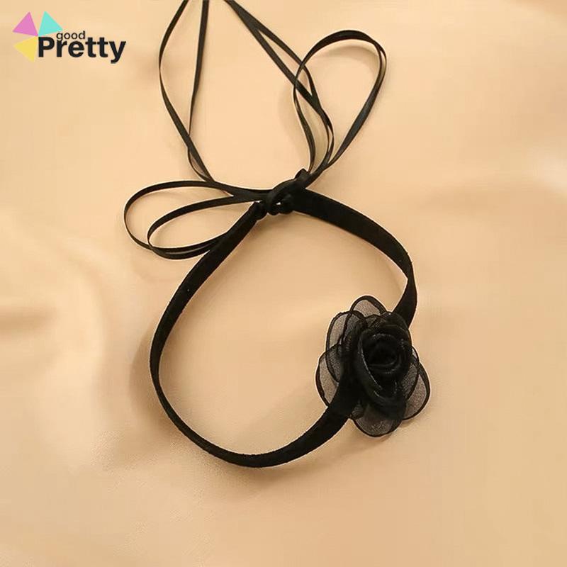 Waktu Seksi Choker Kerah Perhiasan Retro-Hitam Renda Camellia Kalung Pesta Makan Malam Neck-Band Wanita Fashion Adjustable Neckl - PD
