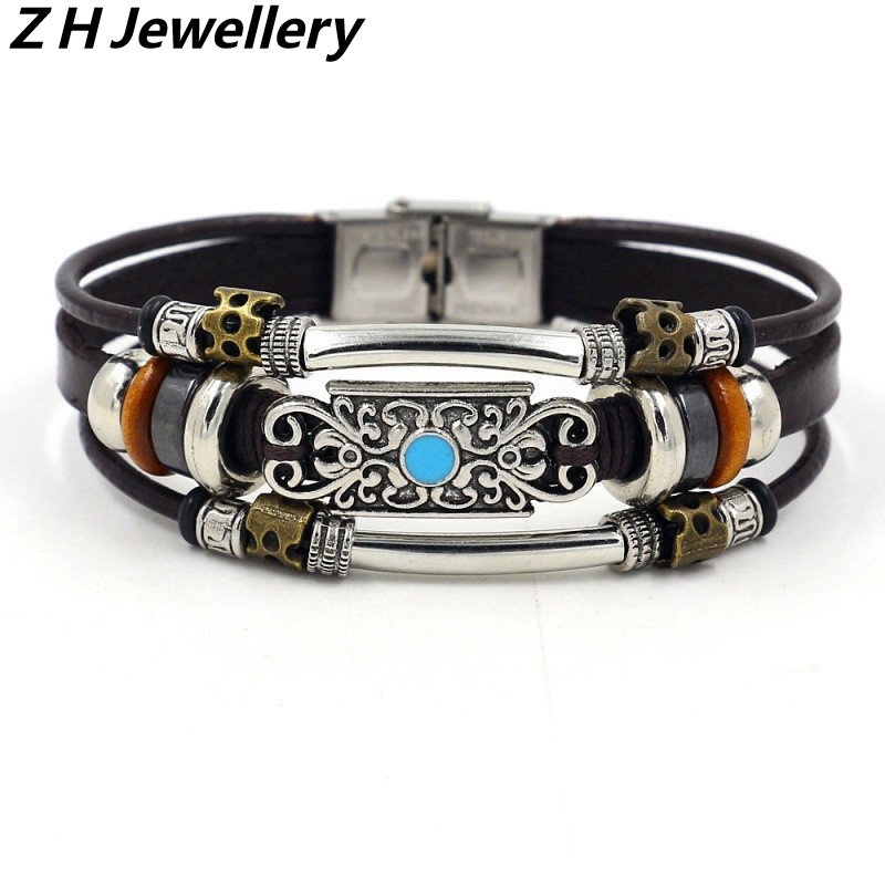 [Z H Perhiasan] Vintage Rock Turquoise Gemstone Gelang Kulit Pria Dan Wanita Fashion Pasangan Stainless Steel Multilayer Manik-Manik PU Gelang Punk Pesta Perhiasan Aksesoris