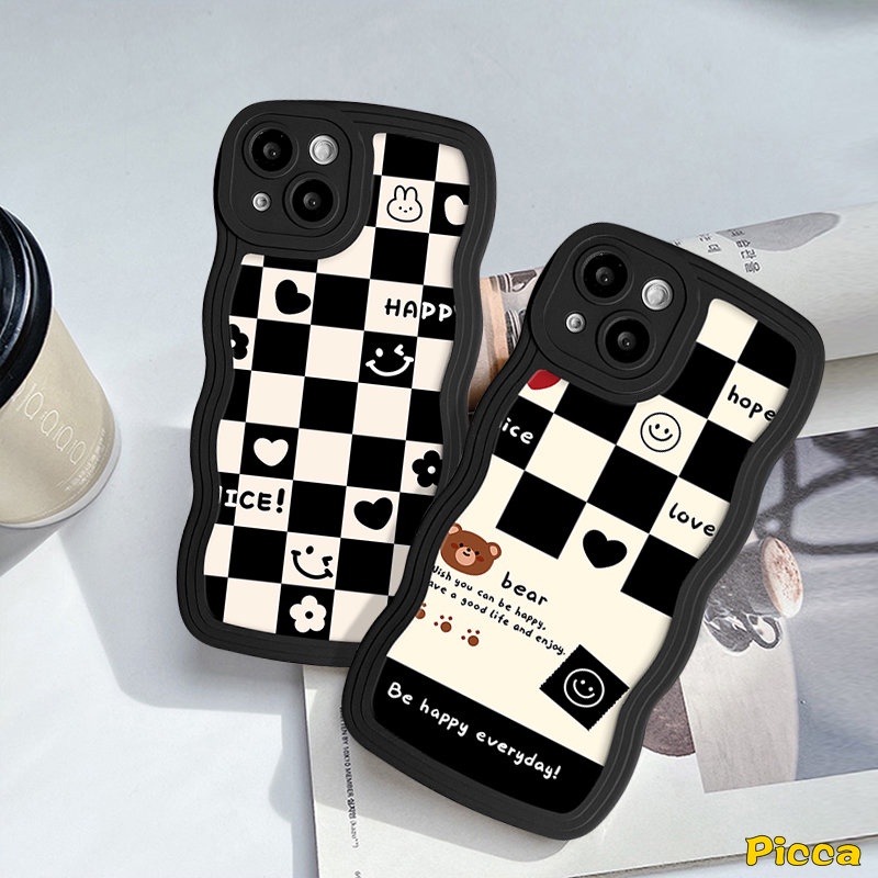 Redmi Note11 10 9 8 11Pro 10s 11s 9s 10Pro Max Redmi A1+10C 9A 9T 9 10A 9C A1 10 POCO M3 X3 NFC Pro Mi 11T Pro Smile Love Heart Chessboard Beruang Lucu Couple Lembut Bergelombang Tepi Sarung