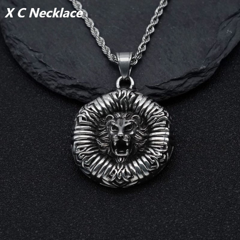 [X C Kalung] Baru Silvery Hexagon Vintage Lion Head Pendant Punk Hip Hop Stainless Steel Kalung Hadiah Pesta Ulang Tahun Untuk Pria Dan Wanita