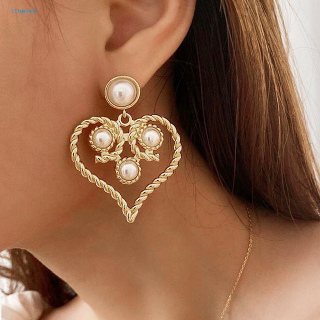 Lilyscent 1pasang Electroplating Stud Earrings Perhiasan Aksesori Wanita Mutiara Imitasi Panjang Drop Earrings Twist Frame