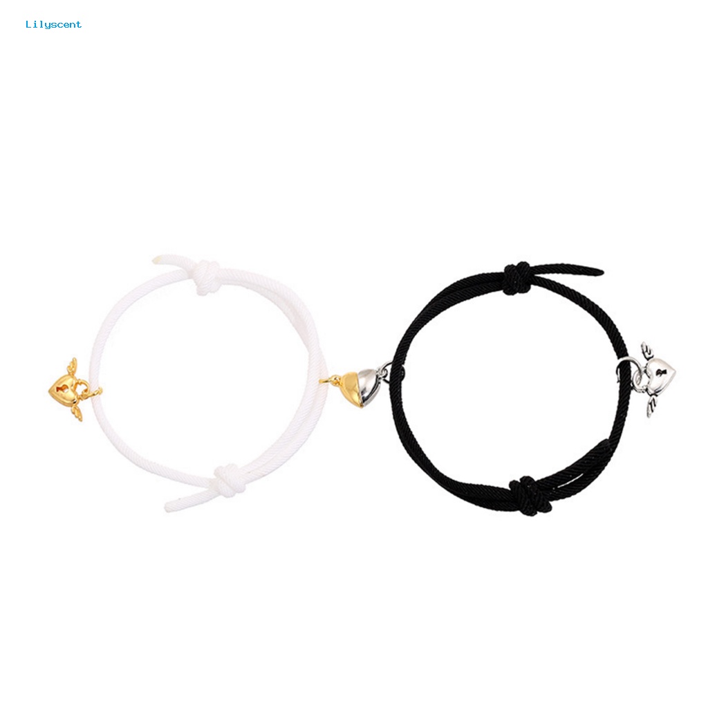 Lilyscent 1pasang Gelang Pasangan Elastis Aksesori Perhiasan Berbentuk Hati Jarak Magnet Atraksi Bracelets Nylon Hand Strap