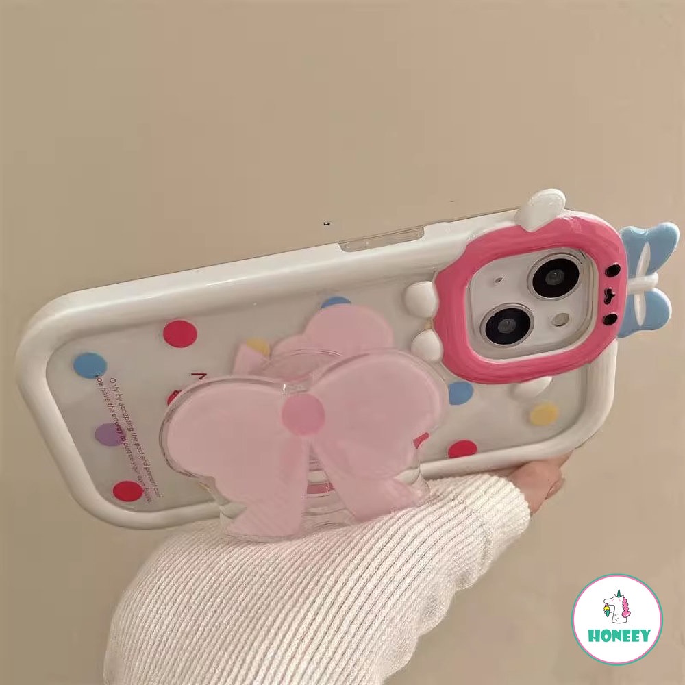 IPHONE Kepribadian Monster Kecil 2in1 Pink Bow Tie Bracket Polkadot TPU Anti-drop Untuk Iphone11 12 13 14 Pro Max 14plus Phone Case