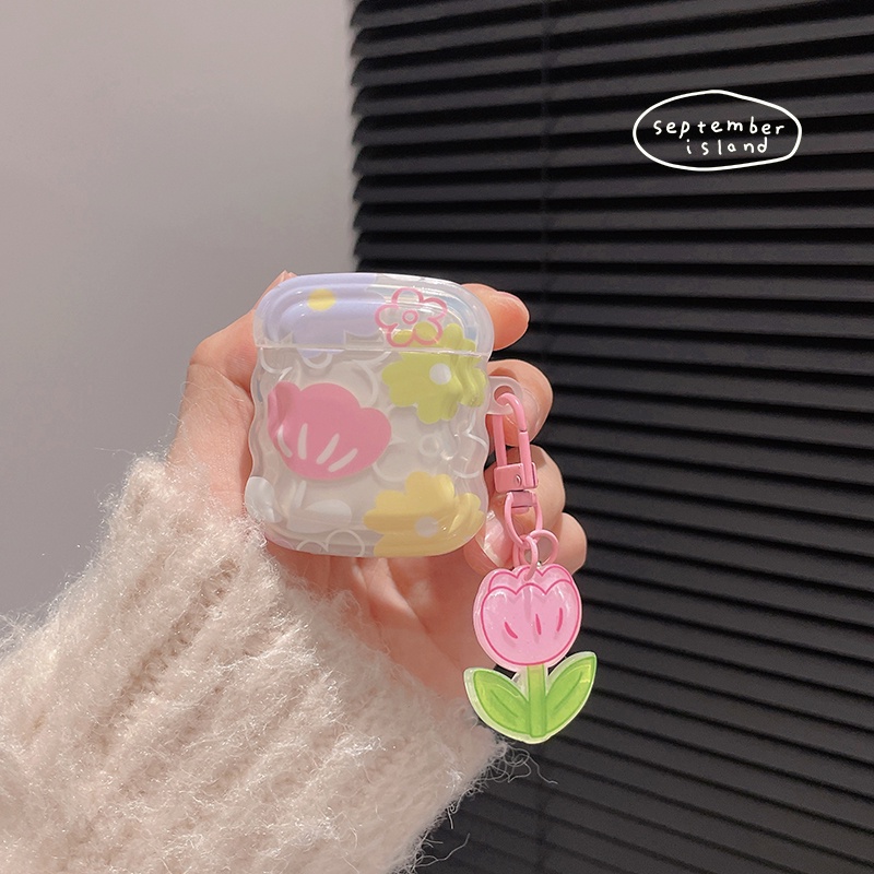 Korea Segar Bunga Pelindung Case Kompatibel Untuk Airpods1Per2Per3 Lucu Bergelombang Pinggiran Penutup Untuk AirPods Pro2 Bluetooth Earphone Case Keyring