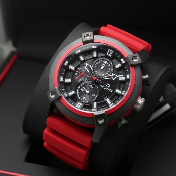 Jam Tangan Pria Hegner Hw 9010 G-3 Black Red Rubber. Original